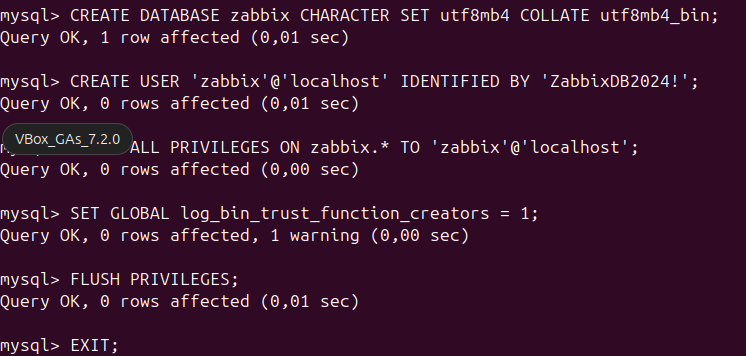 Creando la base de datos zabbix y configurando privilegios